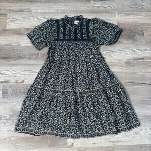 LINI Black Floral Cotton Eyelet Tiered Mini Dress Cottagecore Prairie Boho Small